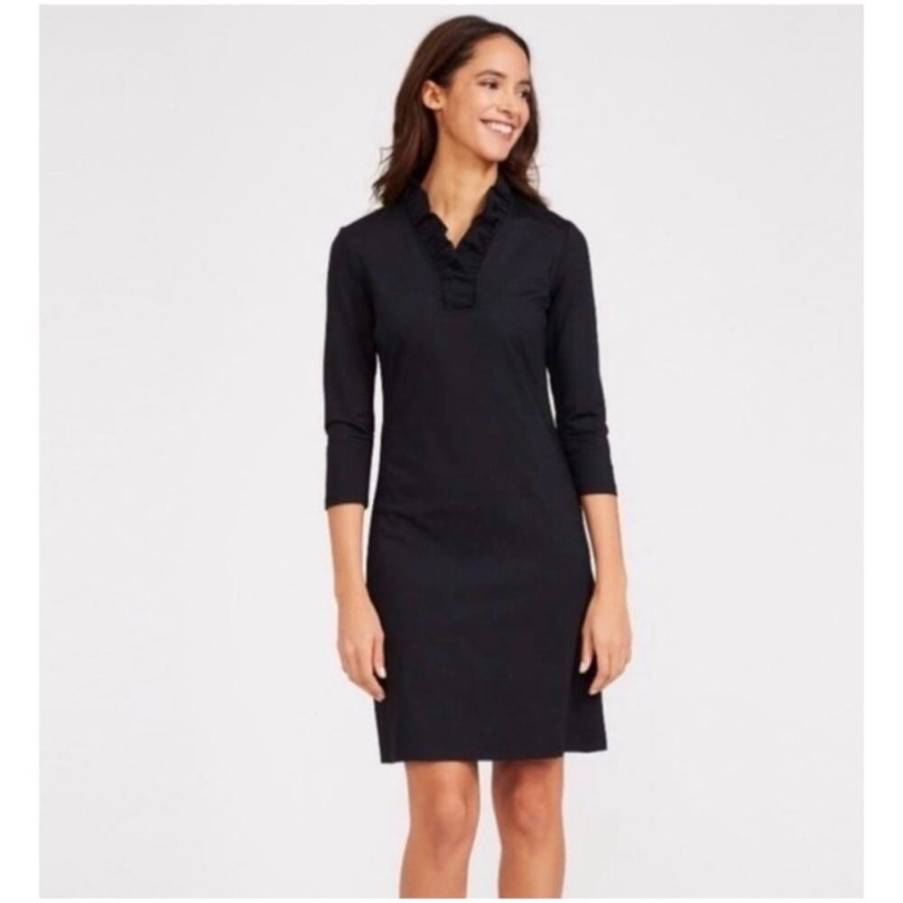 J. McLaughlin Women’s M Black Ruffle Neck Sheath Dress Catalina Stretch Jersey
